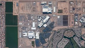 An aerial view of the Ocotillo campus, with Dobson Road curving along the east side. To the west is the Gila River Indian Community, and to the south is land that Intel leases to local farmers.